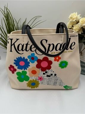 Kate Spade Fresh Picks Canvas Tote - Spring 2025 Newspaper Crossword Floral